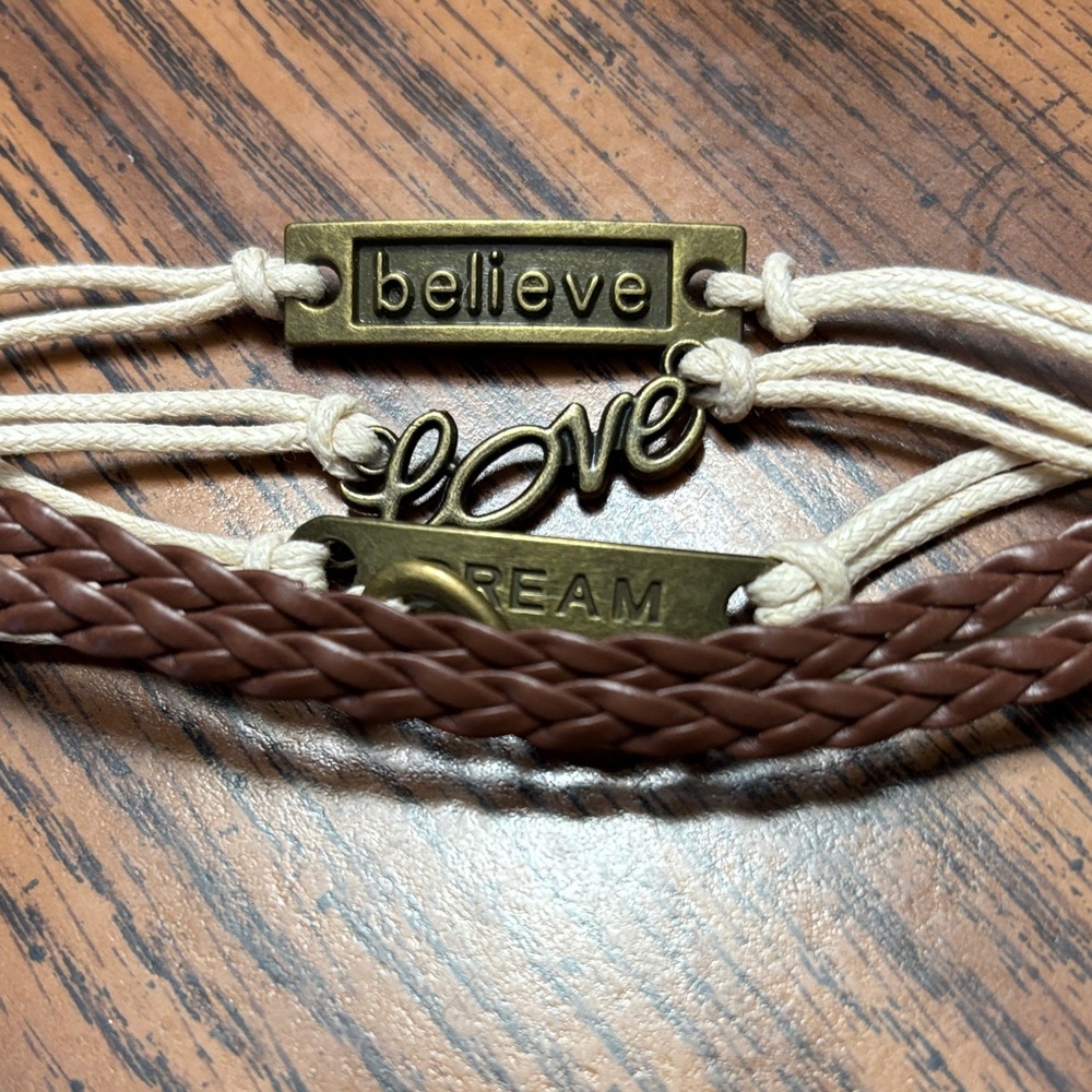 Six-Strand Brown and Cream Dream, Love, Believe Inspirational Bracelet